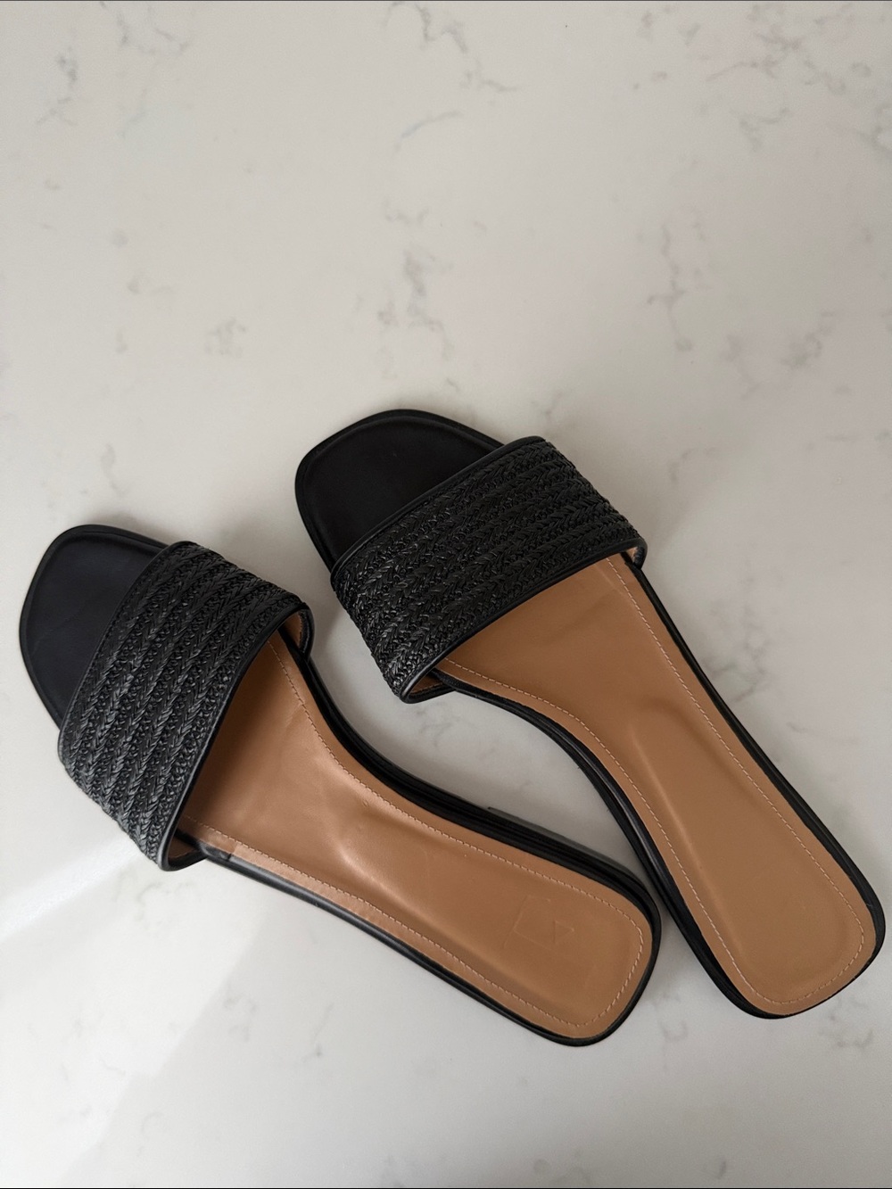 Flattered Black Slide Sandals with Tan Footbed